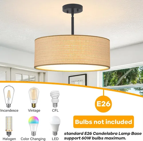 Miniatura 7 de Rattan Sloped Ceiling Light, 16.53" Woven Semi Flush Mount Boho Fabric Drum Shade, Pendant Lighting, for Dining Room, Foyer, Living Room, Hallway