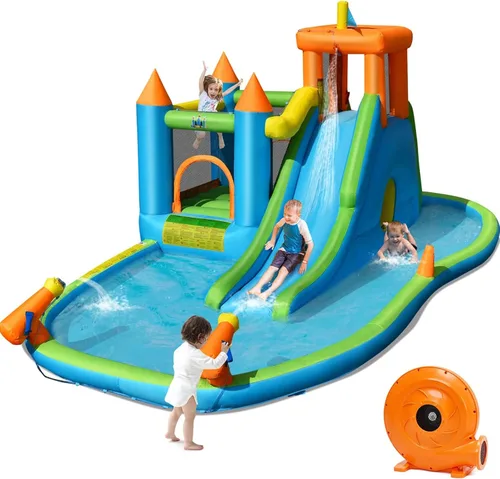 Miniatura 11 de BOUNTECH Tobogán acuático inflable, tobogán acuático para niños, casa de rebote en húmedo y seco, combo para diversión al aire libre con soplador