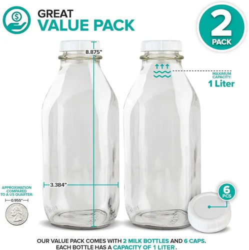 Miniatura 2 de Stock Your Home Botellas de leche de vidrio de litro (paquete de 2) – Tarros de leche de 32 onzas con tapas – Botellas de vidrio de grado
