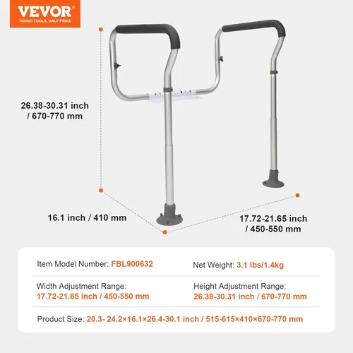 Miniatura 7 de VEVOR - Barra de seguridad para retrete, armazón de seguridad para asiento de baño, ancho y altura ajustables, apto para la mayoría de los retretes