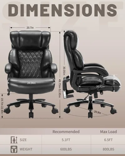 Miniatura 2 de Silla de oficina resistente de 800 libras y reposapiés de masaje, silla ejecutiva grande y alta con soporte lumbar ajustable, piel sintética, Negro
