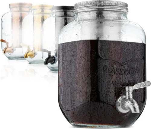 BTAT - Cafetera de café frío de 1 galón, jarra de vidrio grueso con filtro de acero inoxidable, tapa y espiga, cafetera de café helado y té solar,