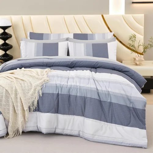 Miniatura 15 de RYNGHIPY Juego de edredón de tamaño matrimonial, color beige y gris, a rayas, para hombres y niños, juego de ropa de cama suave para todas