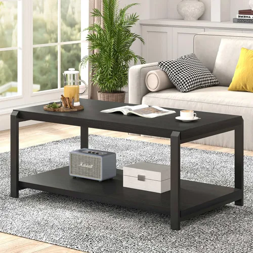 Miniatura 3 de EXCEFUR Mesa de café negra, mesa central moderna de madera rústica para sala de estar, mesa de té industrial rectangular de cóctel con estante