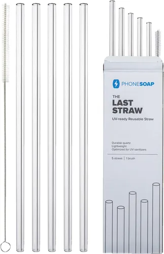 PhoneSoap Last Straw - Pajitas reutilizables de 12 pulgadas de largo para bebidas frías y calientes, cuarzo transparente, aptas para lavavajillas,