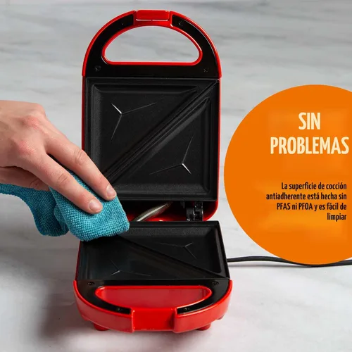 Miniatura 4 de Mini Sandwichera Tasty, Hace Sánidwiches, Paninis, Queso a la Parrilla, Postres, Resultados Rápidos, Fácil Limpieza, 600W, Roja Rojo