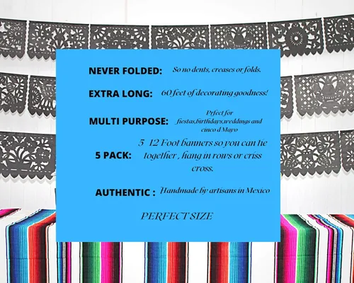 Miniatura 8 de Pancartas de papel picado negras, decoraciones de fiesta, pancarta de fiesta mexicana, banderines, guirnaldas, serpentinas para bodas, quinceañeras
