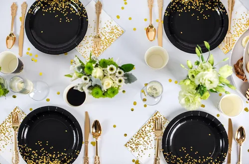 Miniatura 4 de Platos negros de papel negro de 9 pulgadas, 50 unidades, platos de papel negro y dorado para fiesta, 21 cumpleaños, graduación, Año Nuevo