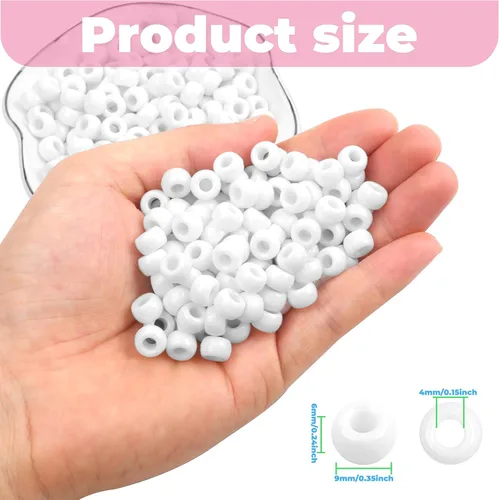 Miniatura 2 de 1000 piezas Cuentas de pony para pulsera de 9 mm, cuentas de plástico blanco en barril para collar, cuentas de pelo para trenzas, llavero