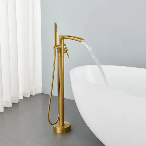 Miniatura 3 de Wowkk Grifo de bañera independiente en cascada de latón con mango único de latón cepillado con ducha de mano Oro cepillado