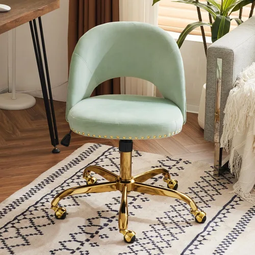 Miniatura 16 de VINGLI Silla de Oficina Pequeña de Terciopelo Moderna, Linda Silla de Escritorio con Ruedas, Base/Tachuelas Doradas, Cómoda Silla Giratoria sin Beige