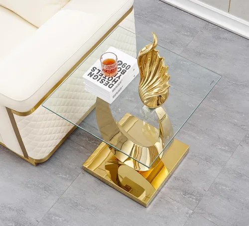 Miniatura 20 de Mesa de centro de cristal de lujo, mesa de centro de sofá de 47 pulgadas con marco de acero inoxidable dorado y parte superior de vidrio negro, mesa
