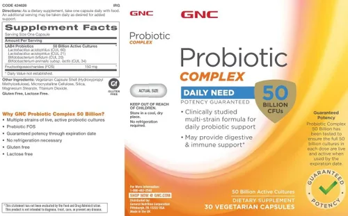 Miniatura 3 de GNC Complejo probiótico con 50 mil millones de UFC, paquete doble, 30 cápsulas por botella, soporte probiótico diario