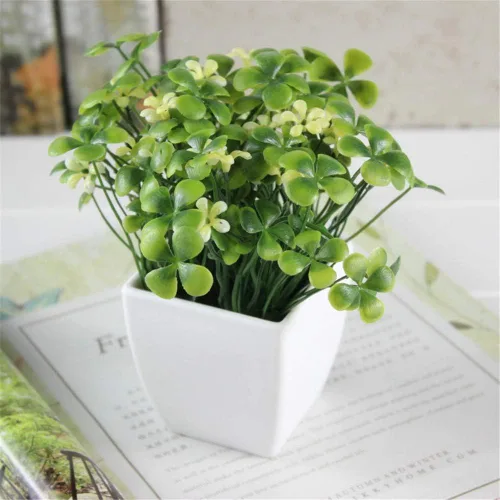 Miniatura 8 de Trébol cuadrado pequeño de cuatro hojas + flor (blanco) planta falsa en maceta artificial Bonsái Planta de plástico para el hogar, baño, hogar