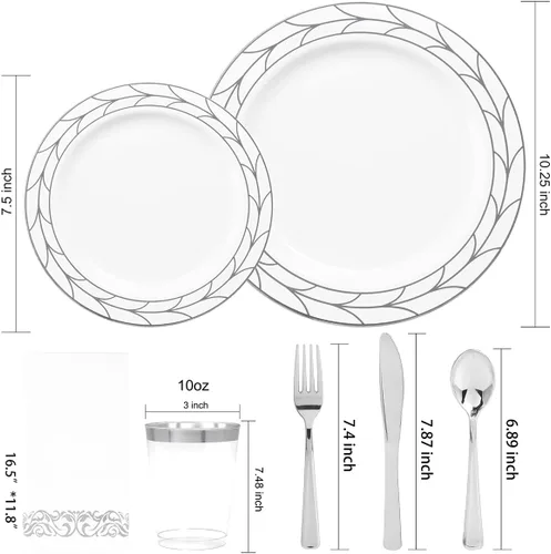 Miniatura 2 de COLOSUS Juego de 175 platos desechables de plástico y cubiertos de Año Nuevo, incluye 25 platos llanos, 25 platos de postre, 25 tazas, 25 Plateado