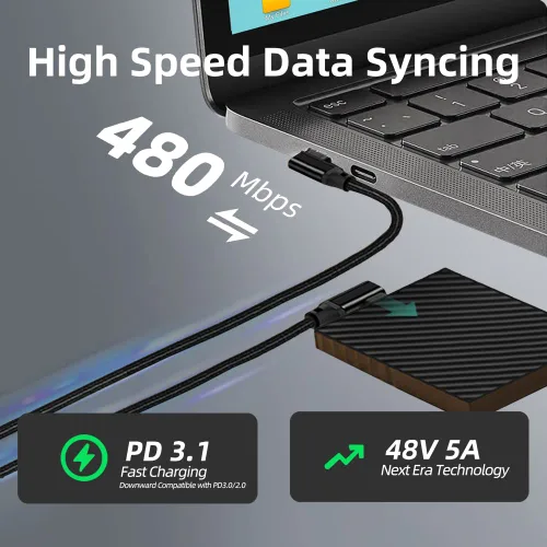 Miniatura 8 de Cable USB C a USB C de 240 W de 4.9 pies, PD 3.1 tipo C a C 5A, cable de carga rápida en ángulo recto para MacBook Pro/Air, iPad Pro/Air/Mini