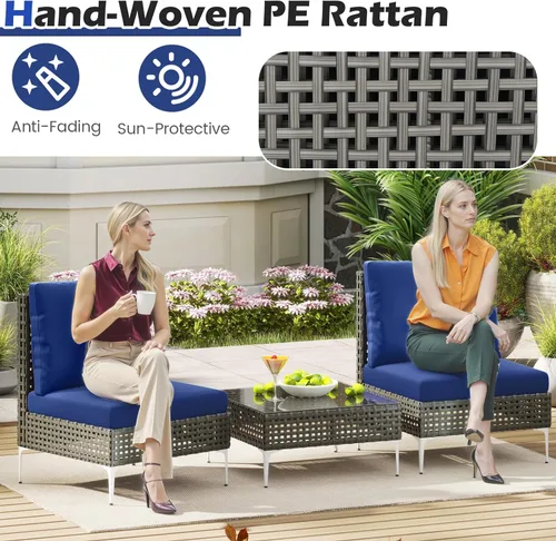 Miniatura 4 de Tangkula Juego de muebles de patio de 3 piezas, sillas de conversación de ratán PE con mesa de centro de vidrio templado, respaldo suave y cojines