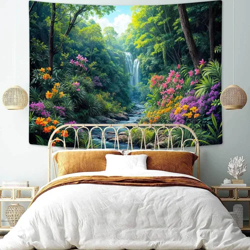 Miniatura 7 de Tapiz de cascada de bosque, flores de paisaje natural, tapices para colgar en la pared para hombres y niños, decoración de arte de pared, decoración