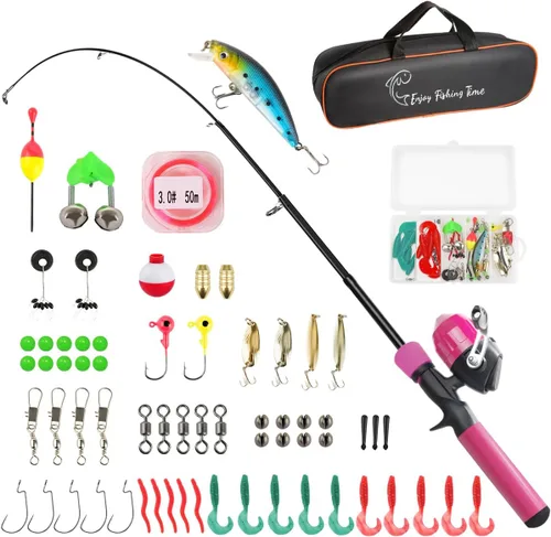 Miniatura 9 de Kit de caña de pescar para niños, caña telescópica de 59 pulgadas y carrete para principiantes con carrete Spincast, caja de aparejos, bolsa