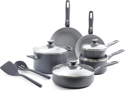 Miniatura 10 de GreenPan Dover - Juego de ollas y sartenes de cerámica saludable antiadherente de 12 piezas, sin PFAS, apto para lavavajillas, mango de agarre verde