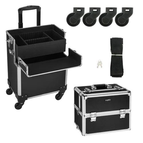 Miniatura 7 de mefeir Estuche de tren de maquillaje rodante 3 en 1, estuche de aluminio para cosméticos de viaje, organizador de cosméticos, estuche de Negro