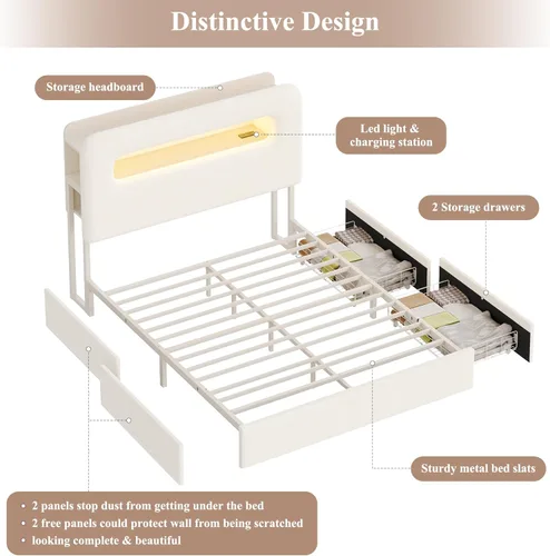 Miniatura 7 de HOSTACK Marco de Cama LED Full con Cabecera de Almacenamiento y Estación de Carga, Marco de Cama para Niños con 2 Cajones y Puertos USB, Marco