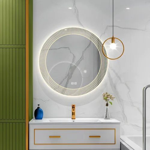 DELURA Espejo de baño con luces LED circular, retroiluminado, iluminado en la pared, espejo iluminado antiempañamiento, 3 colores cambiantes, IP44,