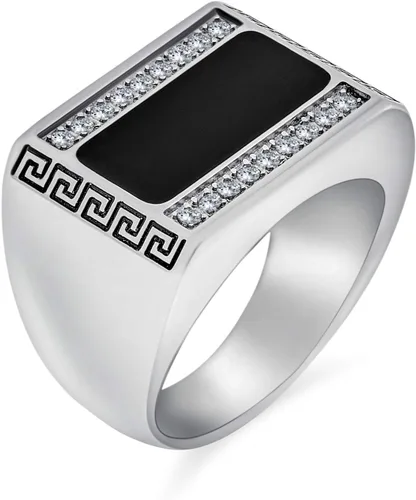 Miniatura 2 de Mens Geometric Rectangle Greek Design CZ Accent Black Rectangle Signet Ring For Men Silver Tone Stainless Steel