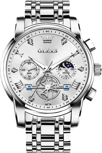 Miniatura 16 de OLEVS Relojes para hombre de acero inoxidable con cronógrafo, reloj de pulsera grande analógico de cuarzo, relojes de vestir impermeables de moda