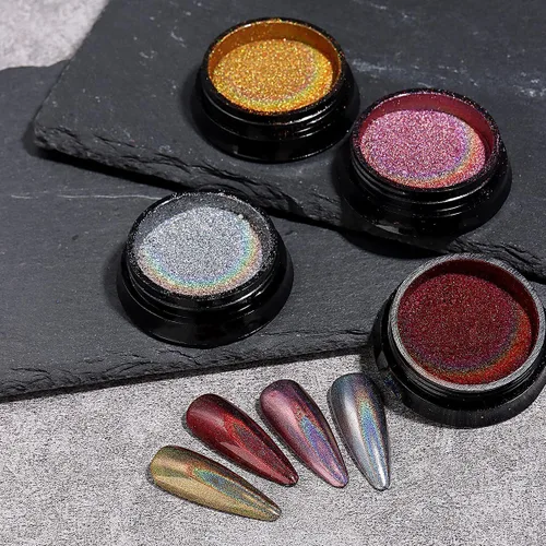 Miniatura 6 de Juego de polvos de uñas cromados de 16 colores, efecto espejo metálico holográfico Aurora Chameleon, pigmento con purpurina para esmalte de gel