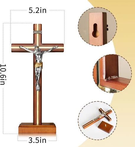 Miniatura 5 de KUXBET Crucifijo de Pie Cruz con Soporte Desmontable de 10.6 Pulgadas Cruz de Madera Católica de Jesucristo para Colgar en la Pared para Decoración