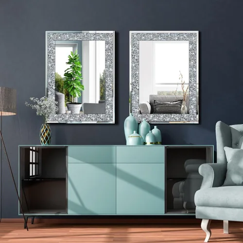 Miniatura 6 de QMDECOR Espejo rectangular plateado con diamantes para decoración de pared, 20 x 28 pulgadas, para colgar en la pared, sin marco, para decoración