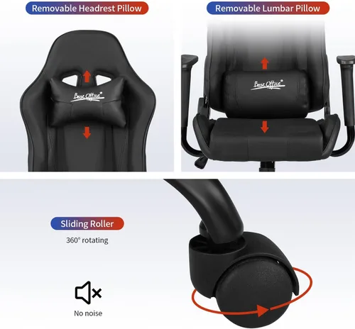 Miniatura 7 de Silla para videojuegos, silla de videojuegos, silla de juegos de computadora barata, silla de juegos de piel sintética, respaldo alto, silla Negro