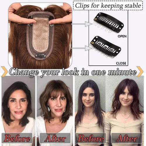 Miniatura 4 de Toppers para el cabello para mujeres con cabello delgado, base de seda real con flequillo, toppers para mujer, con clip en el cabello para mujer