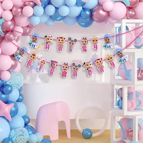 Miniatura 6 de Cartel de feliz cumpleaños de Cri Babes, decoración de fiesta temática de dibujos animados de muñeca de bebé, colorido cartel colgante