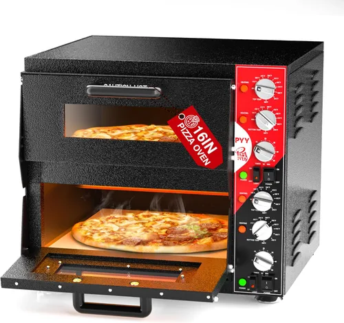PYY Horno de pizza para interiores de 16 pulgadas, hornos eléctricos de pizza de dos pisos con piedra para pizza, temporizador de anillo de 60