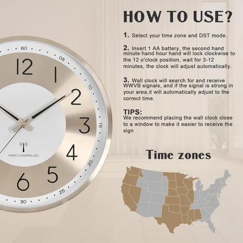 Miniatura 6 de Reloj de pared analógico atómico de 14 pulgadas, funciona con pilas, relojes de pared controlados por radio, juego automático de reloj de pared
