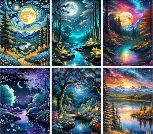 Meothan Paquete de 6 Kits de Pintura de Diamantes Paisaje Lunar Kits de Arte de Diamantes para Adultos Principiantes, Pintura de Taladro Redondo