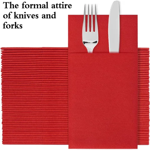 Miniatura 2 de Servilletas rojas desechables con sensación de lino con bolsillo integrado para cubiertos, preplegadas para cuchillos y tenedores, servilletas
