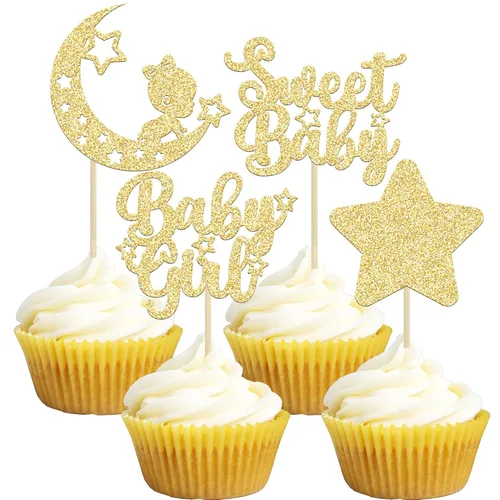 Miniatura 14 de Gyufise 24 piezas de adornos azules para cupcakes para bebé, con purpurina azul, estrellas, luna, dulce baby shower, niño, cupcakes para baby