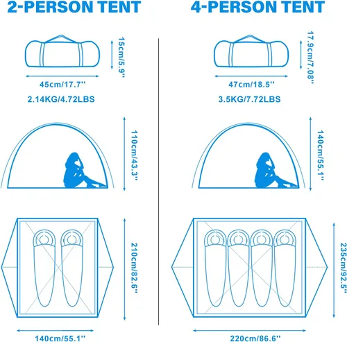 Miniatura 6 de BISINNA Tienda de campaña para 2/4 personas, tienda de campaña ligera para mochileros, impermeable, resistente al viento, dos puertas, fácil Azul