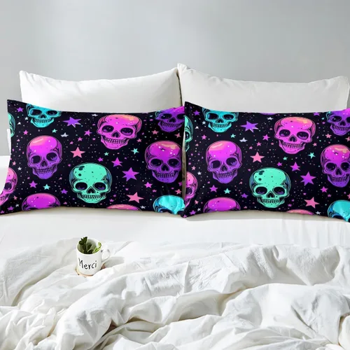 Miniatura 4 de Erosebridal Sábanas de calavera de azúcar, sábana bajera ajustable de Halloween, tamaño individual, ropa de cama de galaxia trippy morada, funda