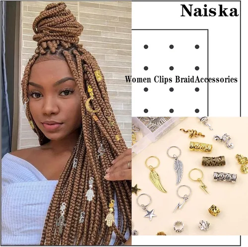Miniatura 4 de NAISKA 184 piezas de joyería GoldHair para trenzas, aleación de metal, clips de trenza de serpiente, accesorios para rastas, adornos de Loc, cuentas