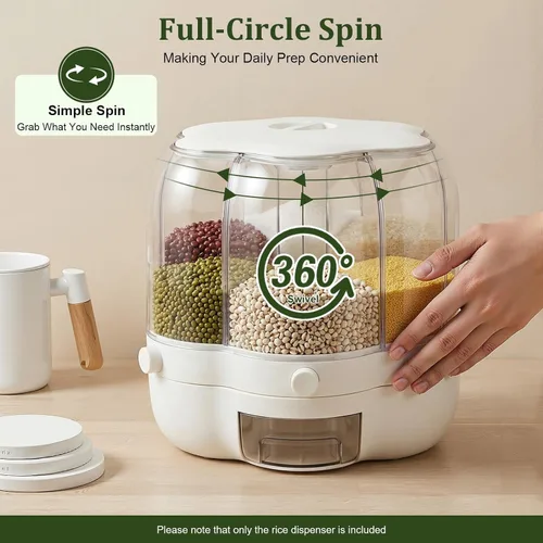 Miniatura 3 de Dispensador de arroz, dispensador de cereales giratorio de 6 rejillas de 360° con tapa, organizador de almacenamiento de granos, soporte