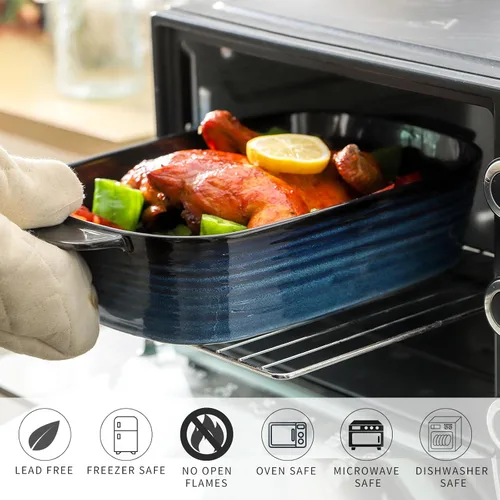 Miniatura 3 de Plato de cerámica para hornear, cacerola de 8.7 x 15.2 pulgadas con asas, bandeja rectangular profunda para lasaña para asar y hornear, utensilios
