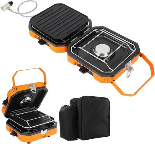 Miniatura 10 de Dollate Estufa de camping de 2 quemadores con bolsa de transporte, estufa de propano portátil de 16000 BTU para camping, estufa de camping plegable