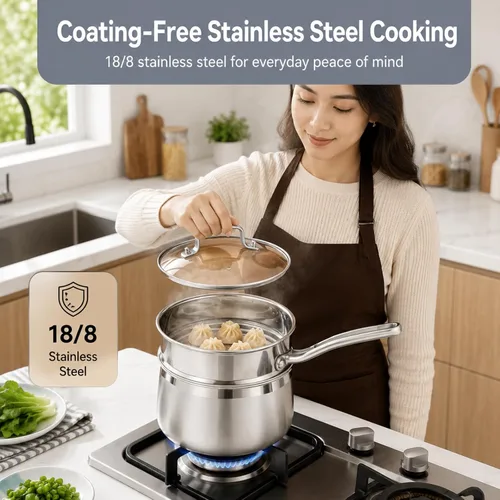 Miniatura 4 de Cacerola de acero inoxidable de 2.5 cuartos de galón con cesta de vapor y tapa de vidrio, olla de sopa pequeña de grado alimenticio de 18/8
