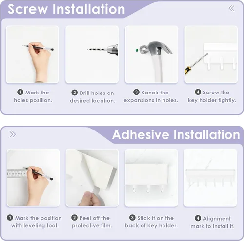 Miniatura 8 de VIS'V Soporte para llaves de pared, soporte adhesivo compacto para llaves con bandeja, 6 ganchos, 2 opciones de montaje, color blanco