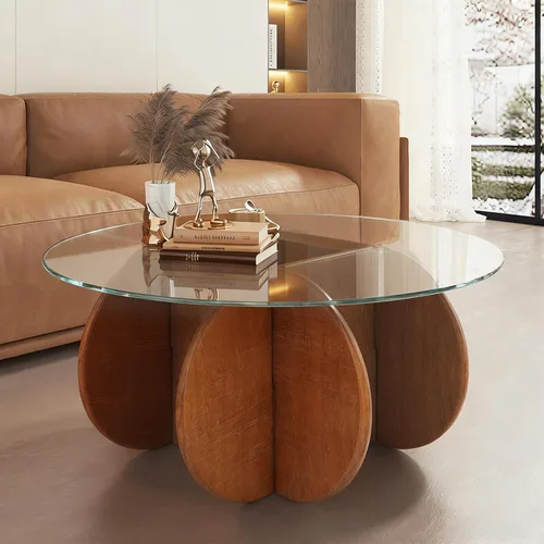 Miniatura 9 de Mesa de centro negra, mesa de centro redonda de vidrio de 31.5 pulgadas para sala de estar, mesa de centro moderna de mediados de siglo, mesa