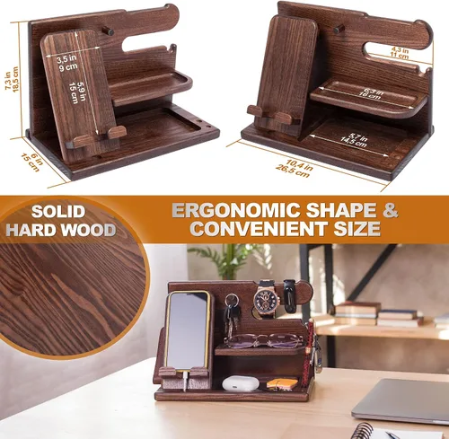 Miniatura 5 de TESLYAR Estación de acoplamiento de teléfono de madera con soporte para llaves de ceniza soporte para cartera organizador de relojes para hombres